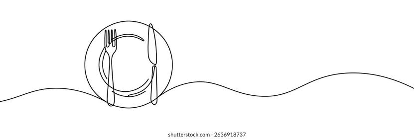 Plate with knife and fork continuous one line drawing. Tableware, dinnerservice, menu concept in simple linear style. Vector illustration.