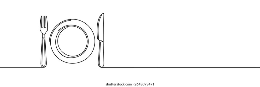 Plate with knife and fork continuous one line drawing. Tableware, dinnerservice, menu concept in simple linear style. Vector illustration.
