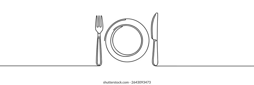 Plate with knife and fork continuous one line drawing. Tableware, dinnerservice, menu concept in simple linear style. Vector illustration.