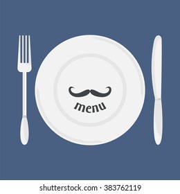 Plate, knife and fork. Dining etiquette. Foods Service icon. Menu card. Simple flat vector illustration, EPS 10.