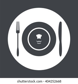 Plate, knife and fork. Dining etiquette. Foods Service icon. Menu card. Simple flat vector illustration, EPS 10.