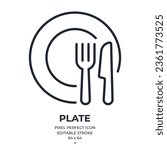 Plate, knife and fork editable stroke outline icon isolated on white background flat vector illustration. Pixel perfect. 64 x 64.