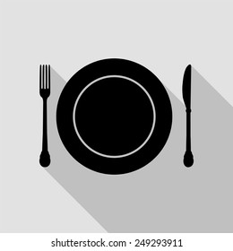 plate knife and fork icon - black illustration with long shadow