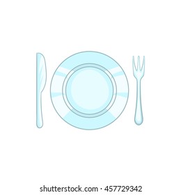 Plate with knife and fork icon in cartoon style isolated on white background. Dishes symbol