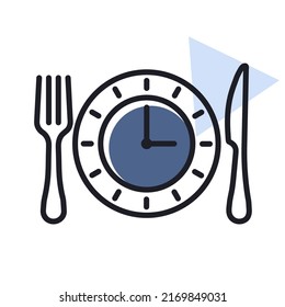 Plate with knife and fork with an icon of clock. Delivery sign. Graph symbol for cooking web site and apps design, logo, app, UI