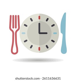 Plate with knife and fork with an icon of clock. Delivery sign. Graph symbol for cooking web site and apps design, logo, app, UI
