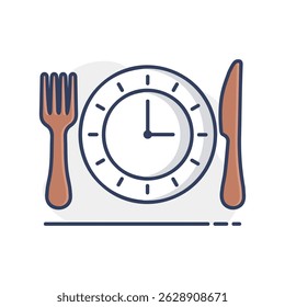 Plate with knife and fork with an icon of clock. Delivery sign. Graph symbol for cooking web site and apps design, logo, app, UI