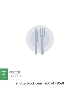 Plate and knife with a fork icon, dinner, meal, eat cutlery, flat style. Restaurant dish in dining table set. Tableware, silverware serving logo Vector illustration design on white background. EPS 10
