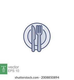 Plata y cuchillo con un ícono de tenedor, cena, comida, comerse cubiertos estilo de contorno relleno de cubiertos. Restaurante con mesa de comedor. Tableware, platverware que sirve Diseño de ilustración vectorial sobre fondo blanco EPS 10