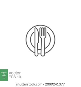 Plate and knife with a fork icon, dinner, meal, eat cutlery outline style. Restaurant dish in dining table set. Tableware, silverware serving logo Vector illustration design on white background EPS 10