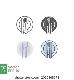 Platten und Messer mit einer Gabel Ikone, Abendessen, Mahlen, essen Besteck anders Stil. Esstisch im Restaurant. Geschirr, Silberware mit Logo, Vektorgrafik-Design auf weißem Hintergrund. EPS10
