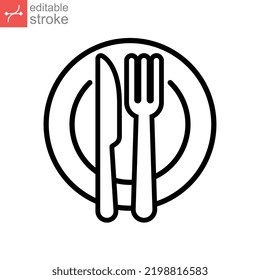 Plate and knife with a fork icon, dinner, meal, eat cutlery, outline style Restaurant dish dining table set. Tableware, silverware Editable stroke Vector illustration design on white background EPS 10