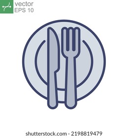 Plate and knife with a fork icon, dinner, meal, eat cutlery filled outline style. Restaurant dish, dining table set. Tableware, silverware serving Vector illustration design on white background EPS 10