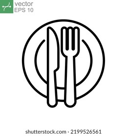 Platos y cuchillos con un icono de tenedor, cena, comida, comerse el estilo de contorno de cubiertos. Platos en el comedor. Portátil, portaobjetos de plata logotipo Diseño de ilustración vectorial sobre fondo blanco EPS 10