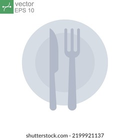 Plata y cuchillo con un ícono de tenedor, cena, comida, cubiertos, estilo plano. Platos en el comedor. Tableware, platería que sirve el logotipo Diseño de ilustración vectorial sobre fondo blanco. EPS 10
