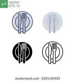 Plate and knife with a fork icon, dinner, meal, eat cutlery different style. Restaurant dish dining table set. Tableware, silverware serving logo Vector illustration design on white background. EPS 10