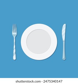 plate knife and fork icon isolated on blue background. vector illustration in flat style