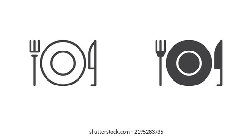 Symbol für Platten, Messer und Gabel. Linie und Glyphe Version, Umriss und ausgefülltes Vektorzeichen. Geschirr-Besteck linear und Vollpiktogramm. Symbol, Logo-Abbildung. Verschiedene Stilsymbole Set