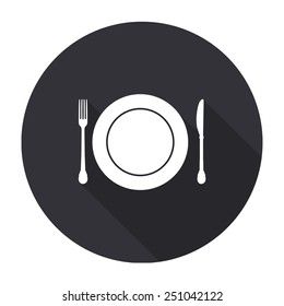 plate knife and fork icon with long shadow - vector round button