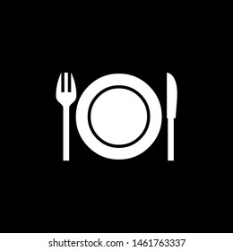 Plate with Knife & Fork Icon On Black Background. Black Flat Style Vector Illustration.