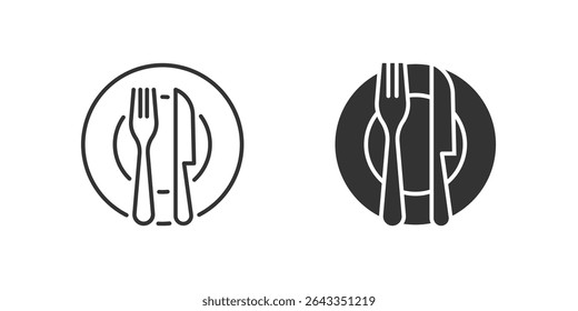 Plate Knife Fork Icon Set. A black icon of a plate with knife and fork, representing dining.
