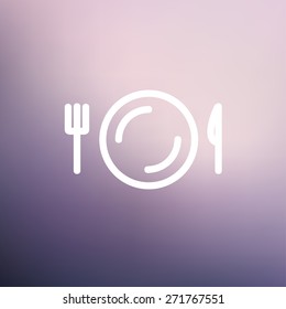 Plate, knife and fork icon thin line for web and mobile, modern minimalistic flat design. Vector white icon on gradient mesh background.