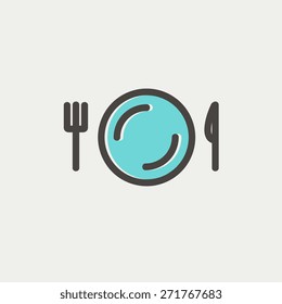 Plate, knife and fork icon thin line for web and mobile, modern minimalistic flat design. Vector icon with dark grey outline and offset colour on light grey background.