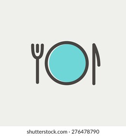 Plate, knife and fork icon thin line for web and mobile, modern minimalistic flat design. Vector icon with dark grey outline and offset colour on light grey background.