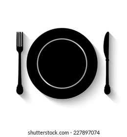 plate, knife and fork icon - vector illustration with shadow