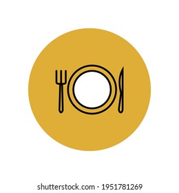 Plate, knife and fork icon in a yellow circle. Local restaurant and cafe. Street diner. Culinary, gastronomic pleasures on the journey. Vector graphics.