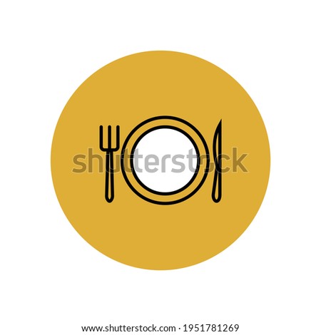 Plate, knife and fork icon in a yellow circle. Local restaurant and cafe. Street diner. Culinary, gastronomic pleasures on the journey. Vector graphics.