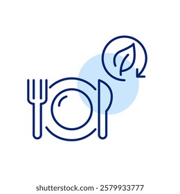 Plate, knife, fork and leaf in recycling symbol. Green, natural eco-friendly and vegan food. Pixel perfect, editable stroke icon