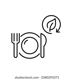 Plate, knife, fork and leaf in recycling symbol. Green, natural eco-friendly and vegan food. Pixel perfect vector icon