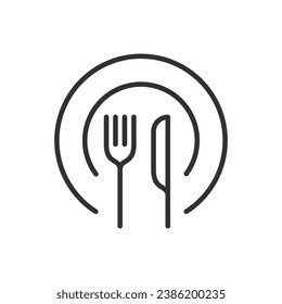 Plattenmesser und Gabel, Linearsymbol. Bereitschaft zum Essen. Cutlery. Linie mit bearbeitbarem Hub