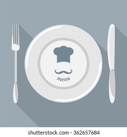 Plate, knife and fork with long shadows. Dining etiquette. Foods Service icon. Menu card. Simple flat vector illustration, EPS 10.