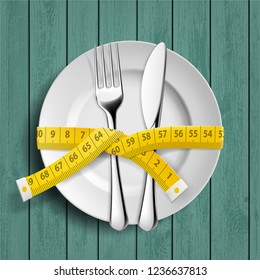 Plate with knife, fork and measuring tailor tape on the table. Dieting and healthy lifestyle. Vector illustration.