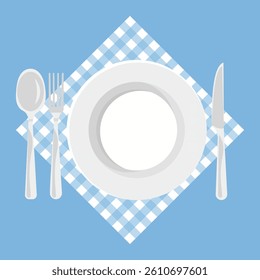 plate knife and fork on blue checked cloth. vector illustration in flat style