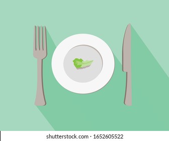 Plate knife and fork on a green background. There is a tiny leaf of lettuce on the plate. Symbol of a strict diet. Vector illustration in flat style.
