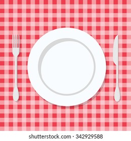 Plate with knife and fork. On red tartan background. Vector.