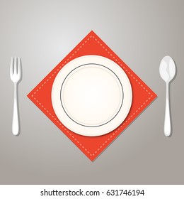 Plate knife and fork on red cloth. Vector illustration in flat design. Isolated on gray.