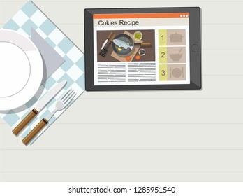 Plate, knife and fork on wooden table. Laptop with recipe. View from the top.  Vector Illustration