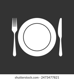 Plate with knife and fork. Serving sign isolated on white background. Restaurant menu symbol. Vector illustration