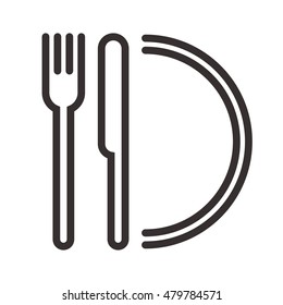 Plate, knife and fork sign isolated on white background