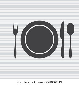 plate, knife, fork, spoon  the background in gray and white stripes. Vector illustration. EPS 10