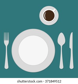 Plate, knife, fork, spoon and cup. Top view of table setting. Flat design. Vector illustration.