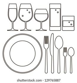 Plate, knife, fork, spoon and drinking glasses