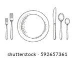 Plate knife fork and spoon sketch. cutlery set Vintage vector illustration