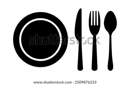 Plate knife fork symbol vector illustration, Fork, spoon, knife, and plate icon isolated, Restaurant business concept, star hotel dinnerware icon, food table, Plate clipart, Bar, Café, hotel concept.