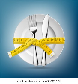 Plate with knife, fork and tailoring centimeter. Dieting and weight loss. Stock vector illustration.