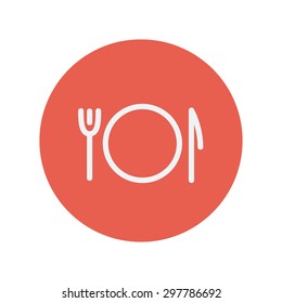 Plate, knife and fork thin line icon for web and mobile minimalistic flat design. Vector white icon inside the red circle.